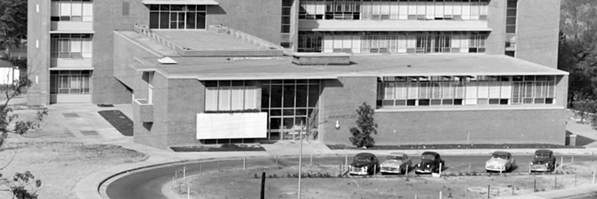 A black and white photo of the East Architecture Building from 1952.
